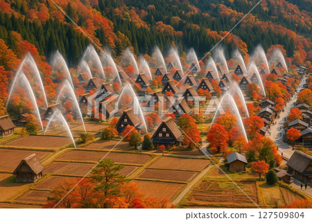 從白川鄉荻町城跡展望台眺望秋季放水訓練 127509804