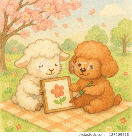 Illustration of sheep and dogs drawn by Sakura | Kasugano Sanyo and Art Time | Spring illustration of sheep and dogs drawn by 127509818