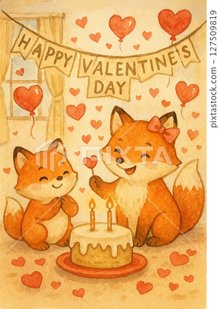 Valentine's Day Happy Fox and Child Celebration Illustration | Birthday cake and love-filled interior scene | Valentine's Day and birthday celebration of a fox and child 127509819