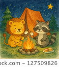 Lion and Raccoon Night Camp Illustration | The lovely time of campfire marshmallows | Lion and Raccoon Night Camping / Bonfire Marshmallows 127509826