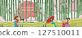 Arashiyama landmark. Japan landscape. Panorama of the building. Autumn scenery happy fall. Posters and postcards japanese for tourism. Translate: Welcome to Arashiyama. Paper cut sticker style. Vector 127510011
