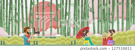 Arashiyama landmark. Japan landscape. Panorama of the building. Autumn scenery happy fall. Posters and postcards japanese for tourism. Translate: Welcome to Arashiyama. Paper cut sticker style. Vector 127510011