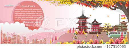 Kiyomizu Temple landmark. Japan landscape. Panorama of the building. Autumn scenery happy fall. Posters and postcards japanese for tourism. Translate: Welcome to Kiyomizu Temple. Paper cut sticker sty 127510063