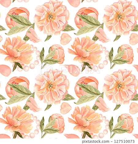 Romantic peonies, petals, leaves and pearls seamless floral watercolor pattern isolated on white background, perfect for wedding invitations, stationery, branding, packaging, and elegant event design Romantic peonies, petals, leaves and pearls seamless floral watercolor pattern isolated on white background, perfect for wedding invitations, stationery, branding, packaging, and elegant event design 127510073