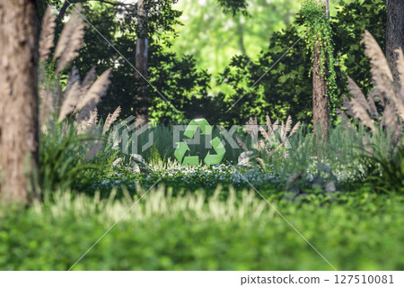 3D render of a green recycle symbol standing in a lush forest 3D render of a green recycle symbol standing in a lush forest 127510081