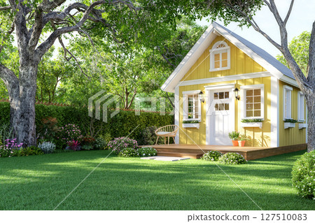 Empty green lawn with cute tiny house 3d render Empty green lawn with cute tiny house 3d render 127510083