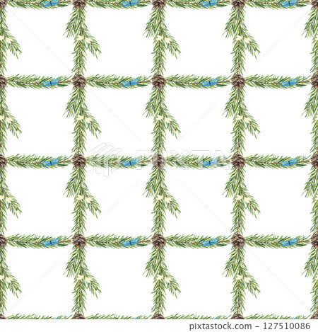Grid pattern with pine branches and cones seamless square isolated on white. Hand-painted in watercolor, perfect for Christmas packaging, winter decor, fabric prints, stationery, eco-friendly branding 127510086