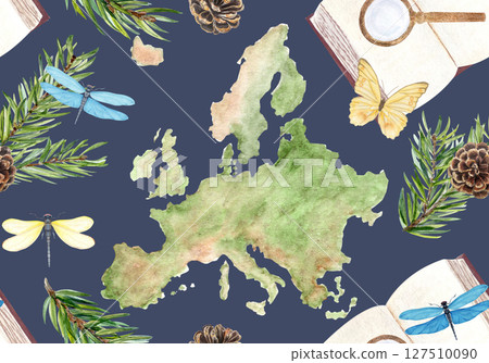 Map of Europe fir branches, butterfly, dragonflies book, magnifying glass watercolor on dark background. Perfect for eco-friendly branding, travel blogs, packaging, educational or tourism designs 127510090