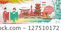 Kyoto landmark. Japan landscape. Panorama of the building. Autumn scenery happy fall. Posters and postcards japanese for tourism. Translate: Welcome to Kyoto. Paper cut sticker style. Vector 127510172