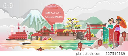 Hakone landmark. Japan landscape. Panorama of the building. Autumn scenery happy fall. Posters and postcards japanese for tourism. Translate: Welcome to Hakone. Paper cut sticker style. Vector Hakone landmark. Japan landscape. Panorama of the building. Autumn scenery happy fall. Posters and postcards japanese for tourism. Translate: Welcome to Hakone. Paper cut sticker style. Vector 127510189