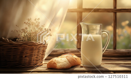 Fresh milk in a glass pitcher with bread and dried flowers on a rustic wooden 127510311