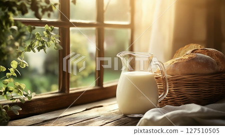Fresh milk and bread on a wooden table near a sunlit window 127510505