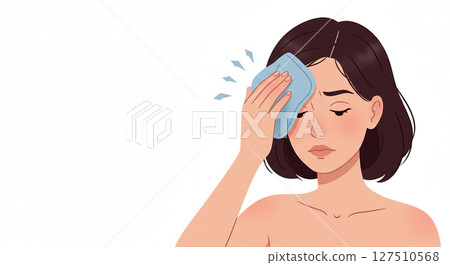 Woman holding cold compress to forehead to reduce high fever. Woman holding cold compress to forehead to reduce high fever. 127510568