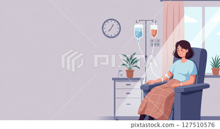 Patient feels hope during chemotherapy treatment in sunny hospital room. 127510576