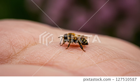 Bee on human skin is moment before a dangerous sting. 127510587