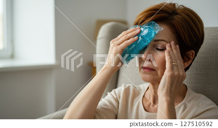 Woman holding cold compress to forehead for headache relief. 127510592