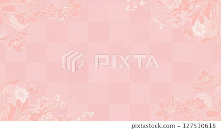 柔和的粉紅色格子背景上優雅的花卉圖案 127510618