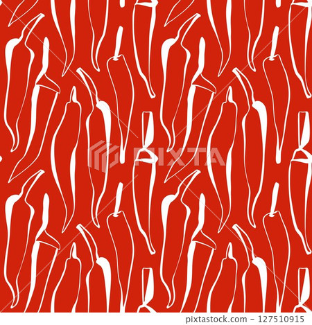 White chili pepper seamless pattern on red background in minimal line art style for kitchen decor or food packaging White chili pepper seamless pattern on red background in minimal line art style for kitchen decor or food packaging 127510915