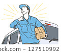 Delivery staff carrying packages in front of a light van 127510992