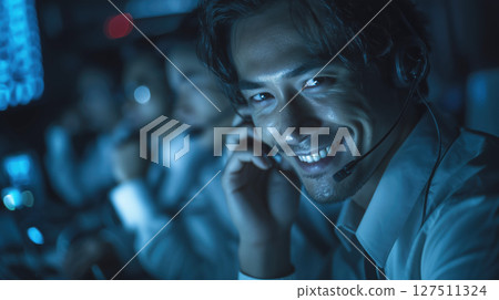Scammer man with headset smiles mysteriously in dimly lit call center, surrounded by other operators 127511324