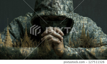 Hooded figure with mysterious expression is surrounded by digital imagery and traditional Khmer motifs, creating ominous atmosphere 127511326
