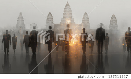Shadowy figures walking before Cambodian cityscape, blending digital deception with Khmer motifs in dark, mysterious atmosphere 127511327