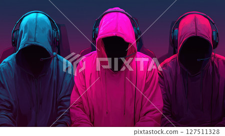 Mysterious figures in hoodies with headsets create enigmatic atmosphere, suggesting secretive or digital theme 127511328
