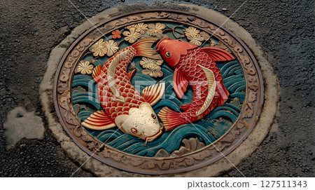 Colorful koi fish design on Japanese manhole cover, featuring intricate patterns and floral motifs 127511343