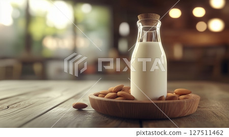 Almond bottle glass milk and almonds on plate in wooden table kitchen blurred background 127511462