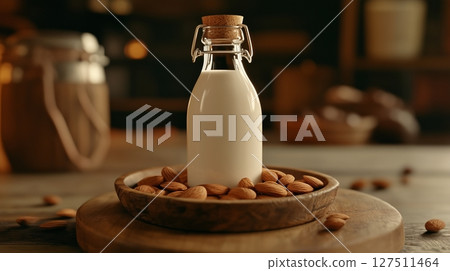 Almond bottle glass milk and almonds on plate in wooden table kitchen blurred background Almond bottle glass milk and almonds on plate in wooden table kitchen blurred background 127511464