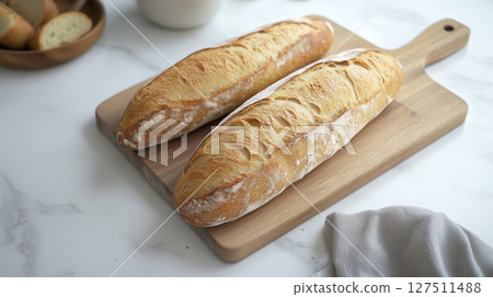 Gluten free sourdough baguette healthy snack food on wooden board 127511488