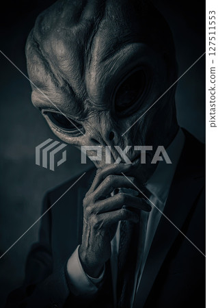 Alien suit dark mysterious humanoid large eyes science fiction thoughtful 127511553