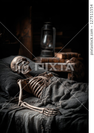 Skeleton, old woman, lying, bed, dark photo, eerie mood, vintage lamp Skeleton, old woman, lying, bed, dark photo, eerie mood, vintage lamp 127511554
