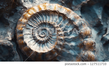 Closeup ammonite fossil ancient marine animal paleontology research 127511710