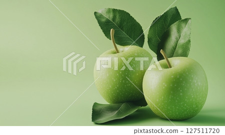 Green apple fruit real snack food with solid soft green background 127511720