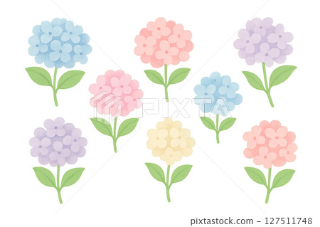 Watercolor illustration of hydrangea, various color flower parts set, rainy season material 127511748