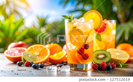 A vibrant, healthy tropical fruit cocktail, with fresh orange juice and sweet pineapple, is ready to drink on the beach A vibrant, healthy tropical fruit cocktail, with fresh orange juice and sweet pineapple, is ready to drink on the beach 127512019