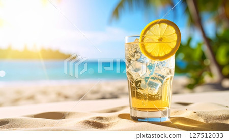 Enjoy a refreshing, cold beverage, whether it's a tropical cocktail, sparkling champagne, or cool water, on a summer beach 127512033