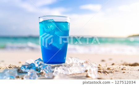 Refreshing cold drinks like cocktails and water shimmer on a tropical beach, embodying summer refreshment under the blue sea and sky Refreshing cold drinks like cocktails and water shimmer on a tropical beach, embodying summer refreshment under the blue sea and sky 127512034