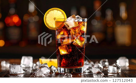 A cold alcoholic beverage, whether a glass of champagne, cocktail, or whiskey, sits ready on a bar counter or table at a party or restaurant 127512043