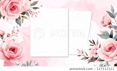 Pink roses bouquet with a blank card, perfect for a vintage floral Valentine's Day love note or wedding design 127512121