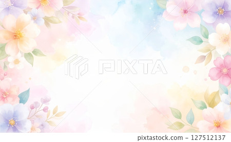 Pink floral spring background with blossoming flowers and decorative border 127512137