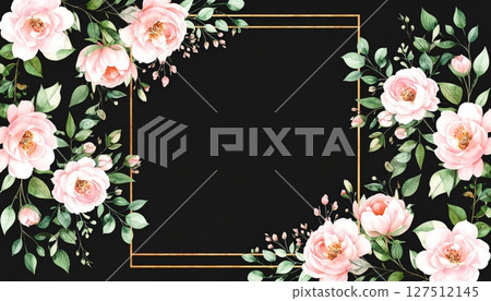 Floral framework with pink roses and leaves, perfect for a wedding invitation or congratulation card, offering a vintage design for any romantic greeting 127512145
