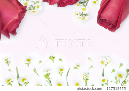 red rose and composition flowers . Border flowers. Flat lay, top view 127512555