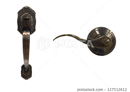 Metal handle for entrance and interior doors isolated on white background. 127512612