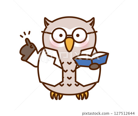 一隻穿著白大褂的貓頭鷹指向的插圖（向量圖像） 127512644