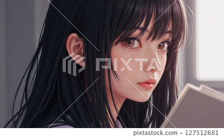 一名高中女生看著她有興趣的同學 127512681