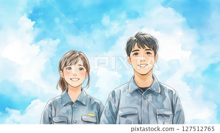 穿著工作服的年輕男女的插圖,晴朗藍天的背景資料_3 穿著工作服的年輕男女的插圖,晴朗藍天的背景資料_3 127512765
