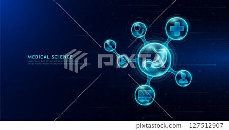 Human stomach organ inside transparent molecule with icons doctor stethoscope and plus sign on dark blue digital technology background. Medical science. Vector EPS10. 127512907
