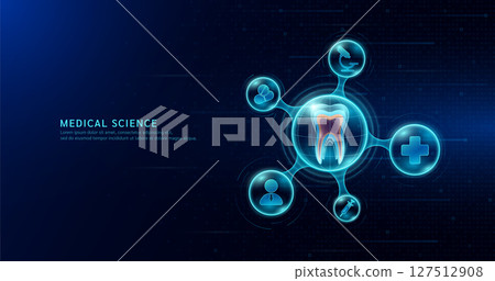 Human teeth organ inside transparent molecule with icons doctor stethoscope and plus sign on dark blue digital technology background. Medical science. Vector EPS10. Human teeth organ inside transparent molecule with icons doctor stethoscope and plus sign on dark blue digital technology background. Medical science. Vector EPS10. 127512908